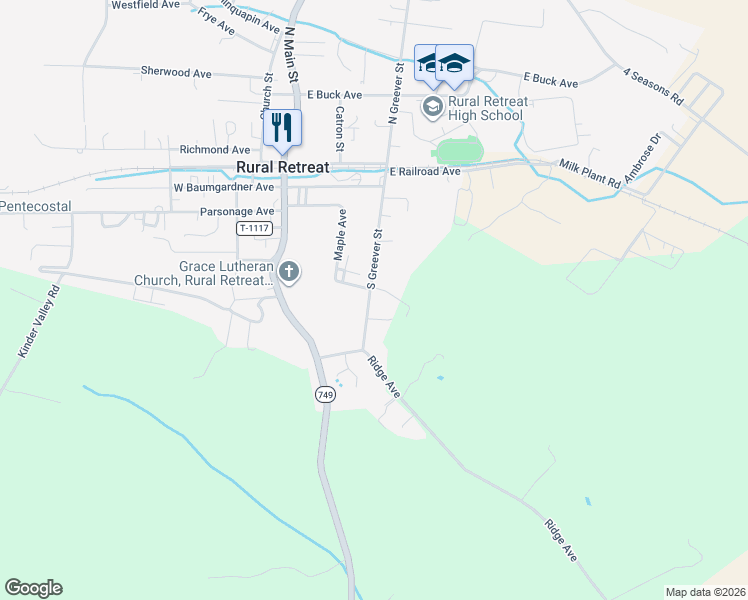 map of restaurants, bars, coffee shops, grocery stores, and more near 290-298 South Greever Street in Rural Retreat