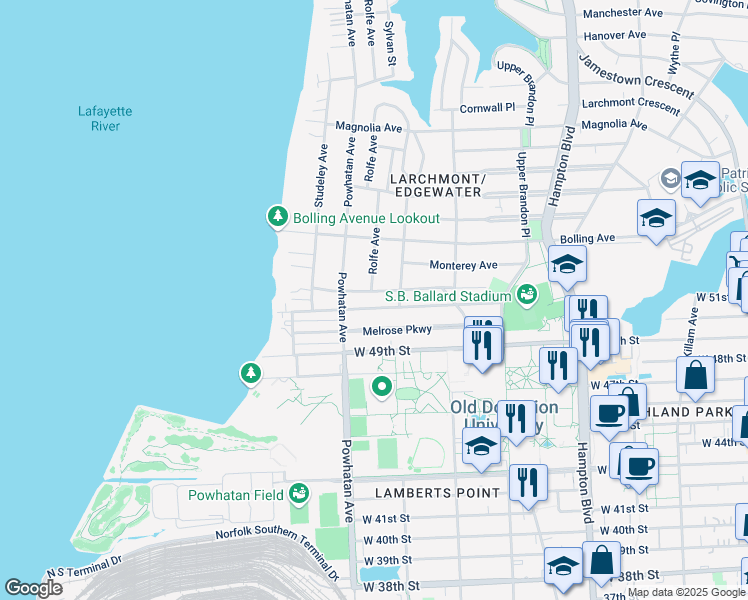 map of restaurants, bars, coffee shops, grocery stores, and more near 1523 Cedar Lane in Norfolk