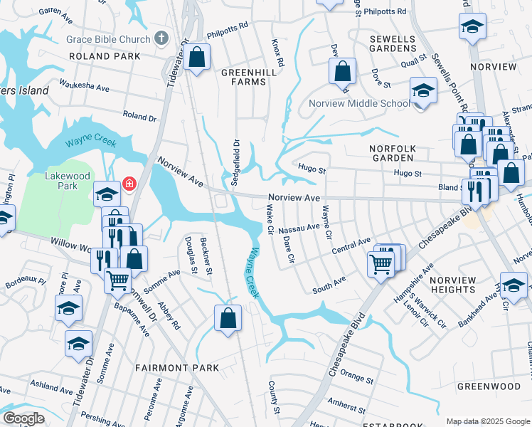 map of restaurants, bars, coffee shops, grocery stores, and more near 3875 Wake Circle in Norfolk