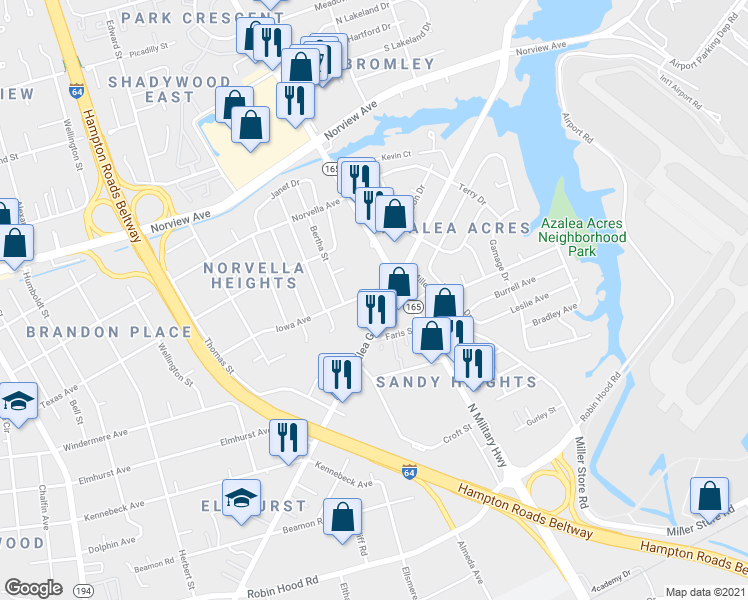 map of restaurants, bars, coffee shops, grocery stores, and more near 5546 Iowa Avenue in Norfolk