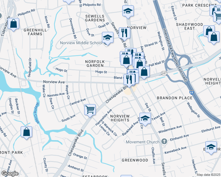 map of restaurants, bars, coffee shops, grocery stores, and more near 1075 Norview Avenue in Norfolk