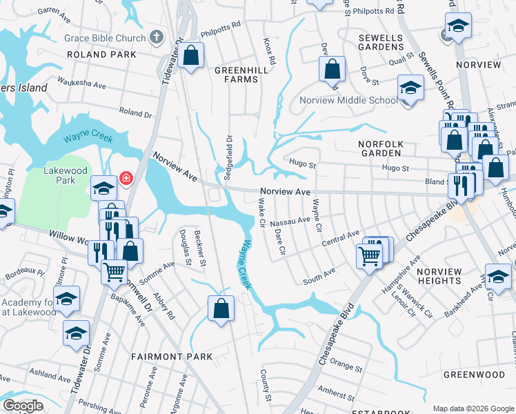 map of restaurants, bars, coffee shops, grocery stores, and more near 3884 Wake Circle in Norfolk