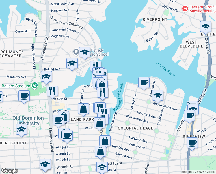 map of restaurants, bars, coffee shops, grocery stores, and more near 790 West 51st Street in Norfolk