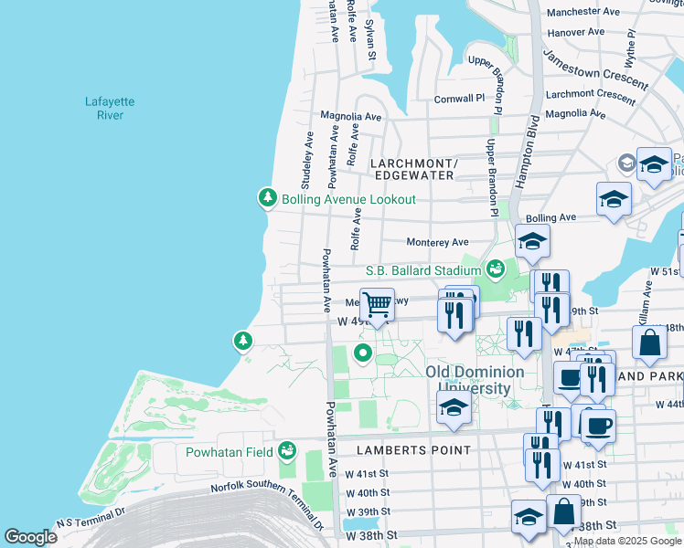 map of restaurants, bars, coffee shops, grocery stores, and more near 1548 Cedar Lane in Norfolk