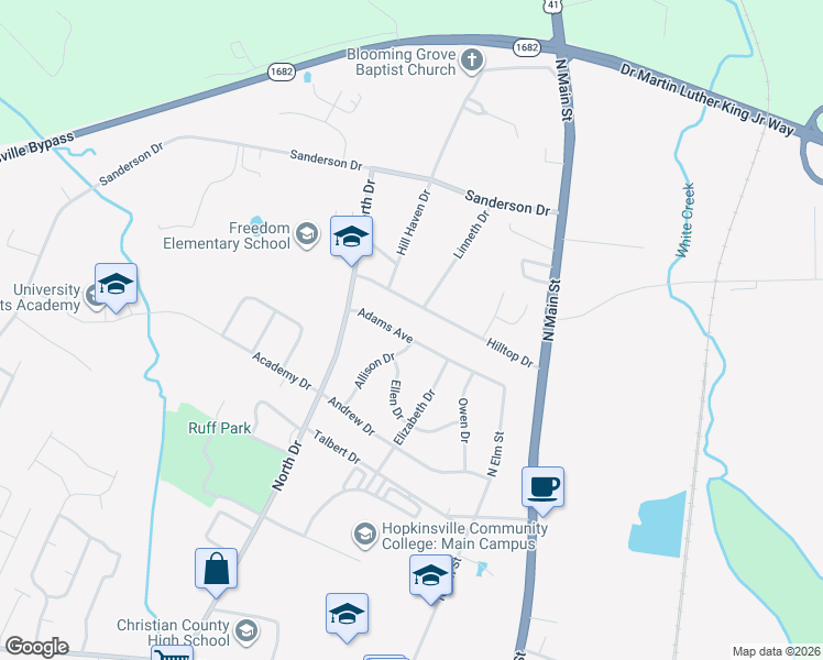 map of restaurants, bars, coffee shops, grocery stores, and more near 201-299 Hilltop Dr in Hopkinsville