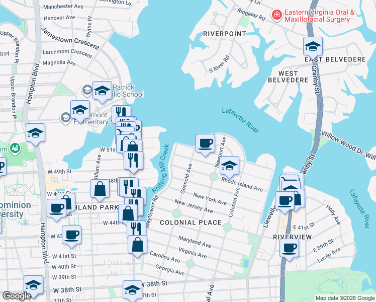 map of restaurants, bars, coffee shops, grocery stores, and more near 709 Mayflower Road in Norfolk