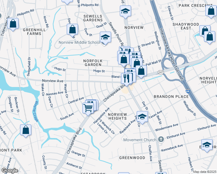 map of restaurants, bars, coffee shops, grocery stores, and more near 1075 Norview Avenue in Norfolk