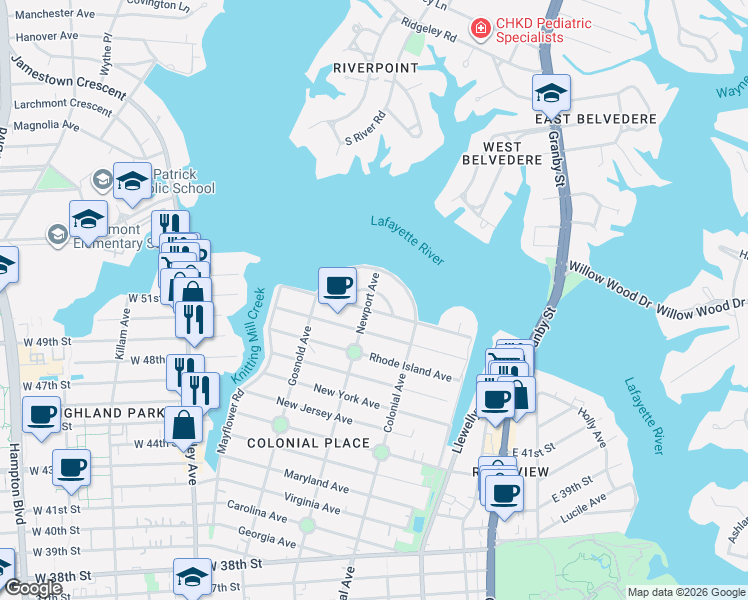 map of restaurants, bars, coffee shops, grocery stores, and more near 5108 Newport Avenue in Norfolk
