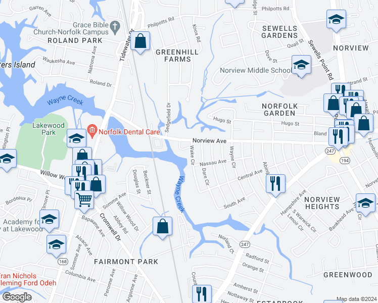 map of restaurants, bars, coffee shops, grocery stores, and more near 3875 Wake Circle in Norfolk