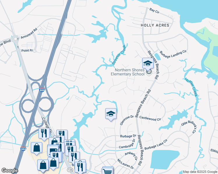 map of restaurants, bars, coffee shops, grocery stores, and more near 6218 Winthrope Drive in Suffolk