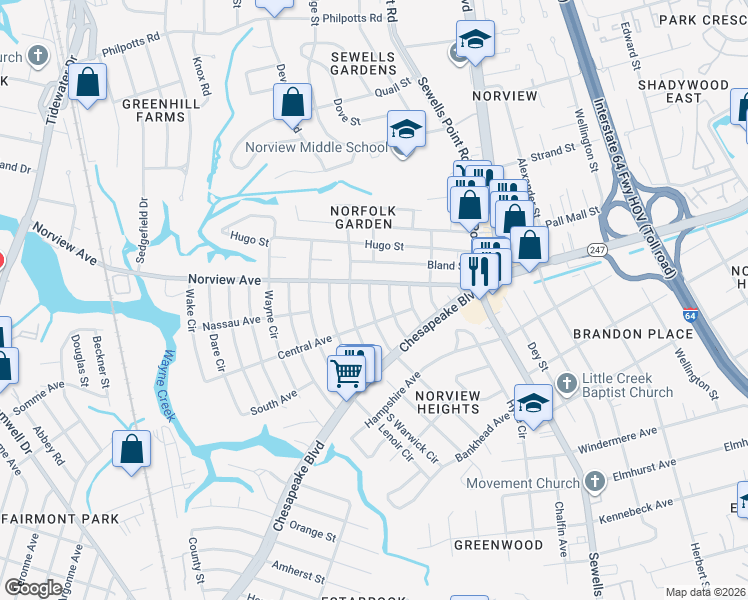 map of restaurants, bars, coffee shops, grocery stores, and more near 3827 Essex Circle in Norfolk