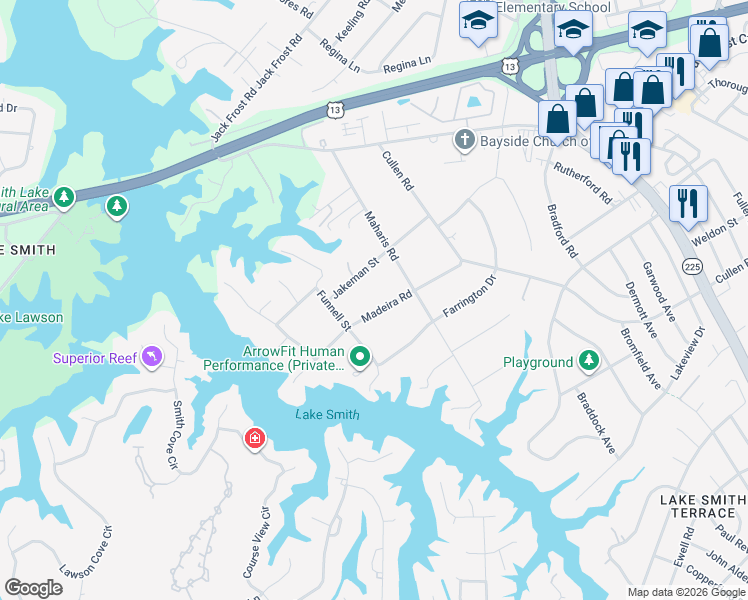 map of restaurants, bars, coffee shops, grocery stores, and more near 5020 Madeira Road in Virginia Beach