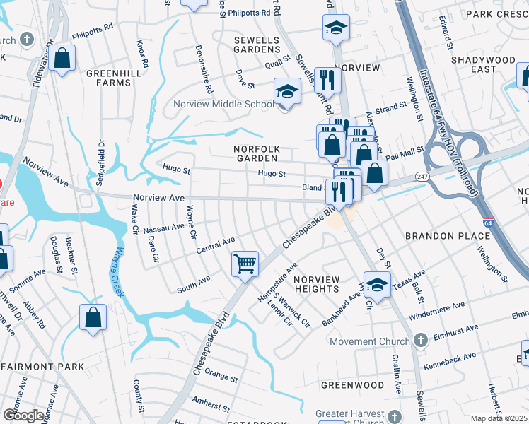map of restaurants, bars, coffee shops, grocery stores, and more near 3820 Essex Circle in Norfolk