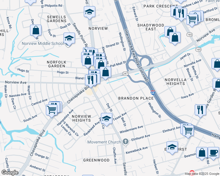 map of restaurants, bars, coffee shops, grocery stores, and more near 3653 Humboldt Street in Norfolk