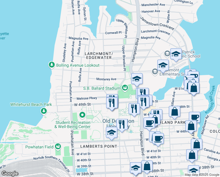 map of restaurants, bars, coffee shops, grocery stores, and more near 1320 Longwood Drive in Norfolk