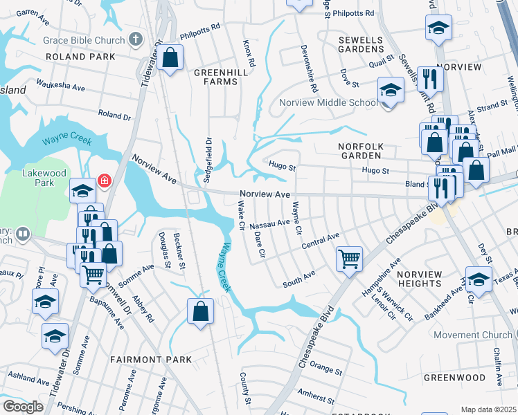 map of restaurants, bars, coffee shops, grocery stores, and more near 3875 Chatham Circle in Norfolk