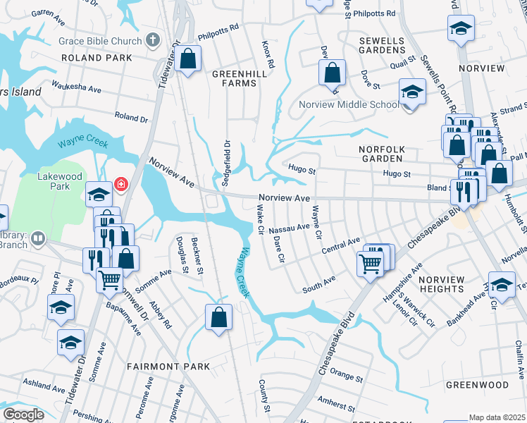 map of restaurants, bars, coffee shops, grocery stores, and more near 3884 Wake Circle in Norfolk