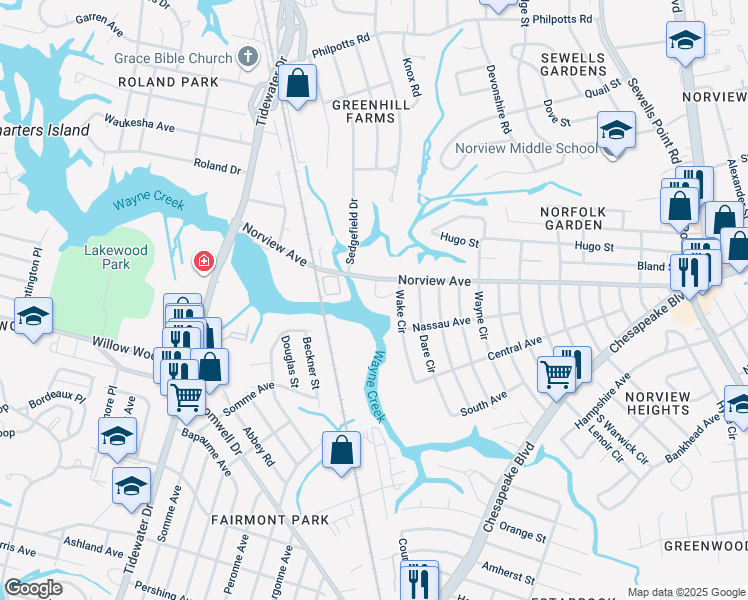 map of restaurants, bars, coffee shops, grocery stores, and more near 881 Norview Avenue in Norfolk