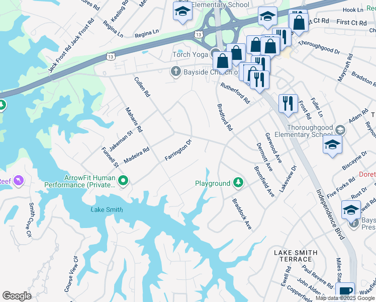 map of restaurants, bars, coffee shops, grocery stores, and more near 4929 Farrington Drive in Virginia Beach