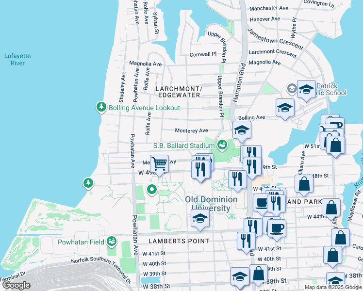 map of restaurants, bars, coffee shops, grocery stores, and more near 1407 Cedar Lane in Norfolk