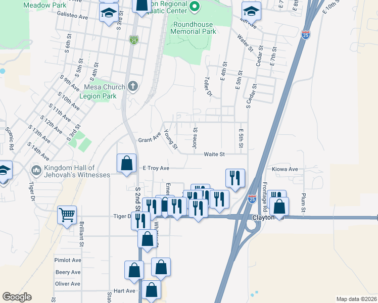 map of restaurants, bars, coffee shops, grocery stores, and more near 127 Waite Street in Raton