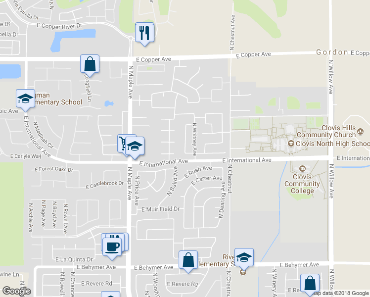 map of restaurants, bars, coffee shops, grocery stores, and more near 10593 North Sierra Vista Avenue in Fresno