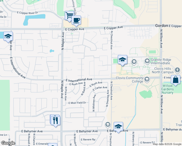 map of restaurants, bars, coffee shops, grocery stores, and more near 10547 North Whitney Avenue in Fresno