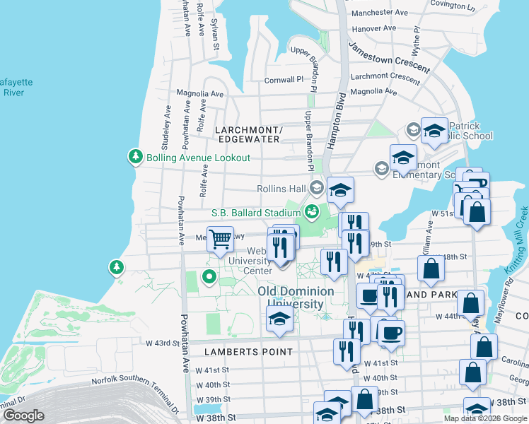 map of restaurants, bars, coffee shops, grocery stores, and more near 1331 Cedar Lane in Norfolk