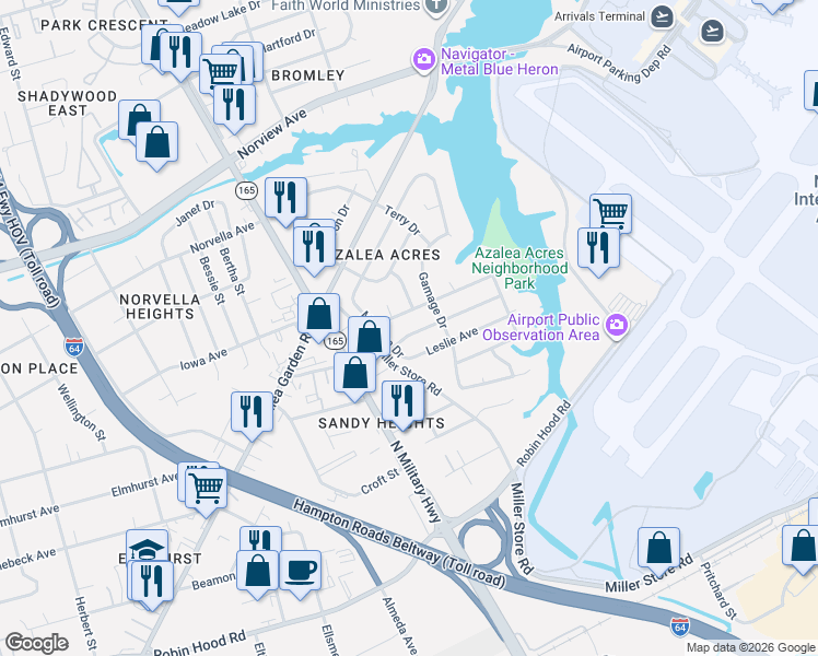 map of restaurants, bars, coffee shops, grocery stores, and more near 5749 Townley Avenue in Norfolk