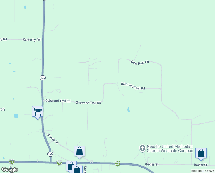 map of restaurants, bars, coffee shops, grocery stores, and more near 13030 Oakwood Trail Road in Neosho