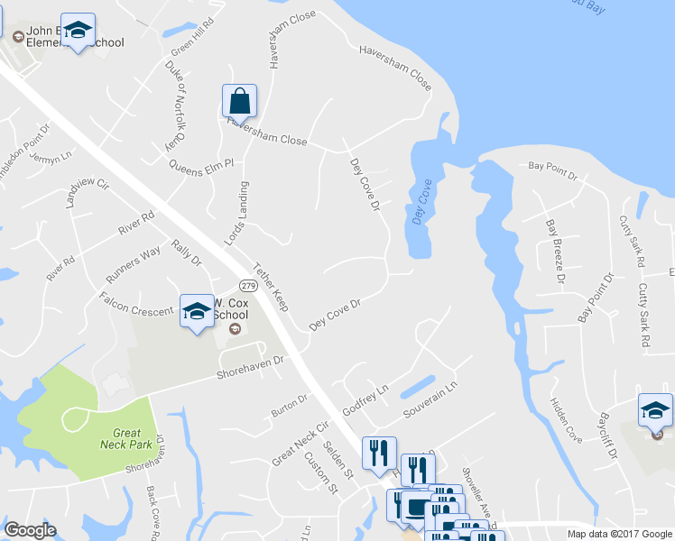 map of restaurants, bars, coffee shops, grocery stores, and more near 2125 Chamberling Key in Virginia Beach