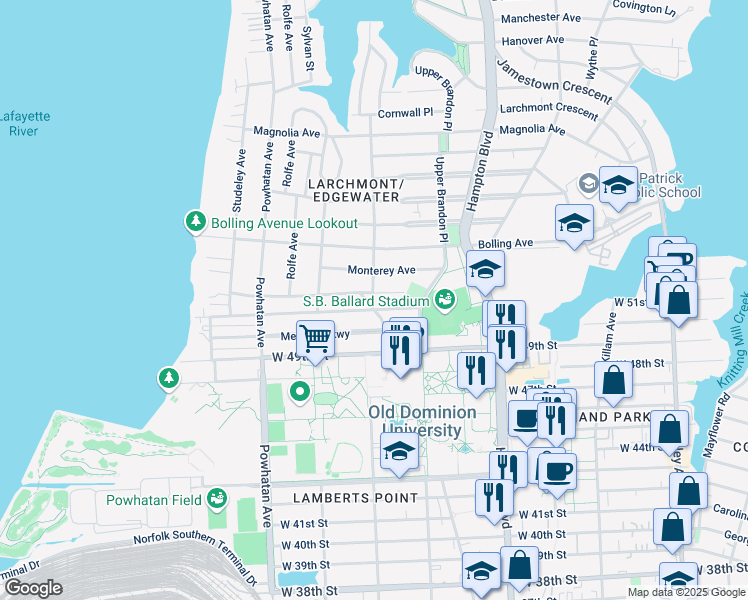map of restaurants, bars, coffee shops, grocery stores, and more near 1331 Cedar Lane in Norfolk