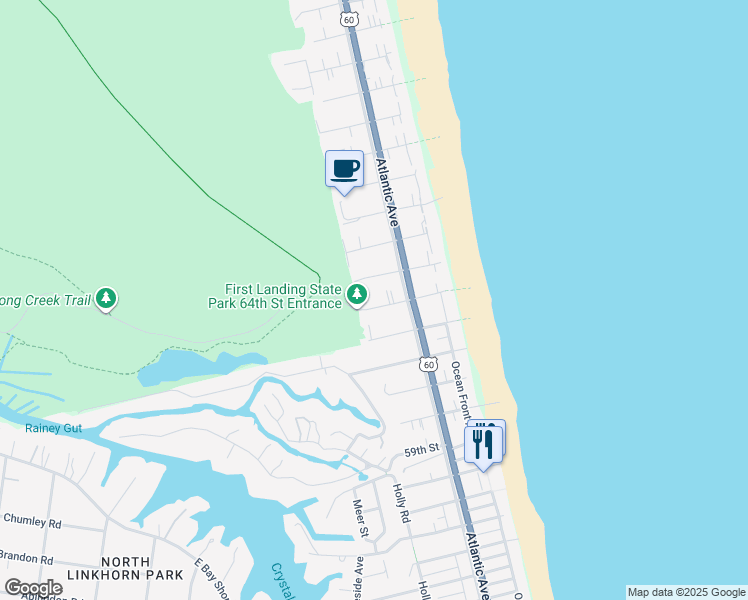 map of restaurants, bars, coffee shops, grocery stores, and more near 215 64th Street in Virginia Beach