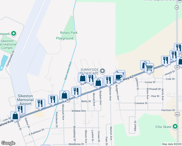 map of restaurants, bars, coffee shops, grocery stores, and more near 214 Kinder Avenue in Sikeston