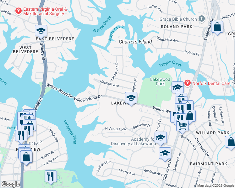 map of restaurants, bars, coffee shops, grocery stores, and more near 1431 Sweet Briar Avenue in Norfolk