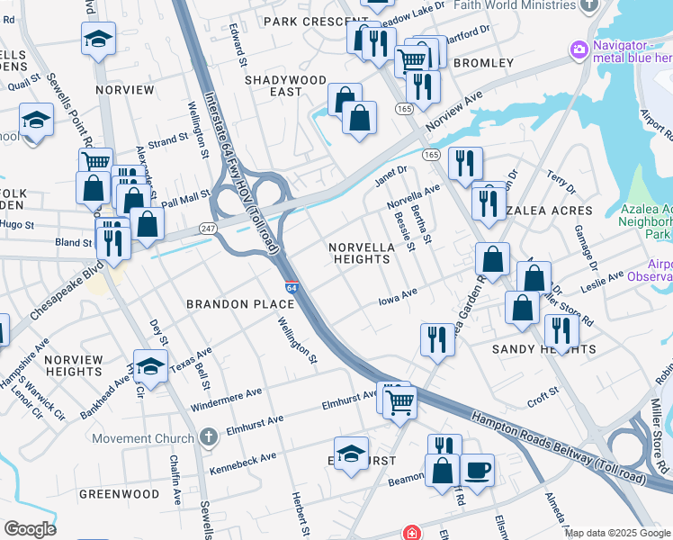 map of restaurants, bars, coffee shops, grocery stores, and more near 5230 Texas Avenue in Norfolk