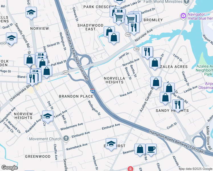 map of restaurants, bars, coffee shops, grocery stores, and more near 5230 Texas Avenue in Norfolk