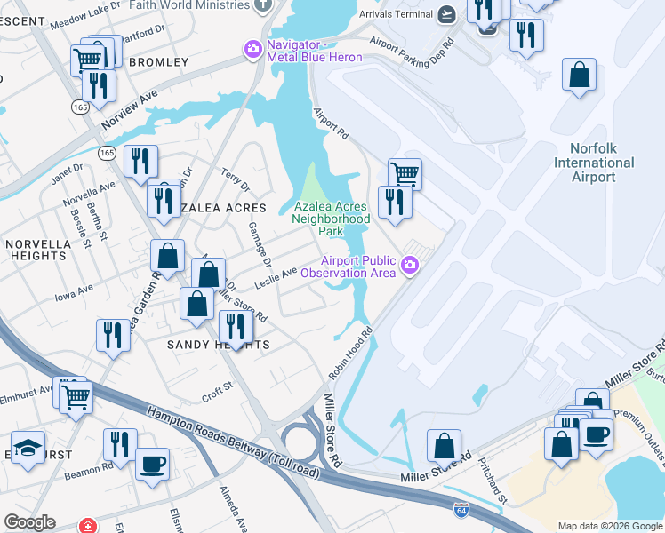 map of restaurants, bars, coffee shops, grocery stores, and more near 3404 Budd Drive in Norfolk