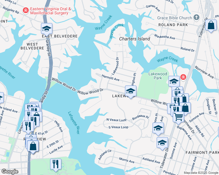 map of restaurants, bars, coffee shops, grocery stores, and more near 5400 Lakewood Drive in Norfolk