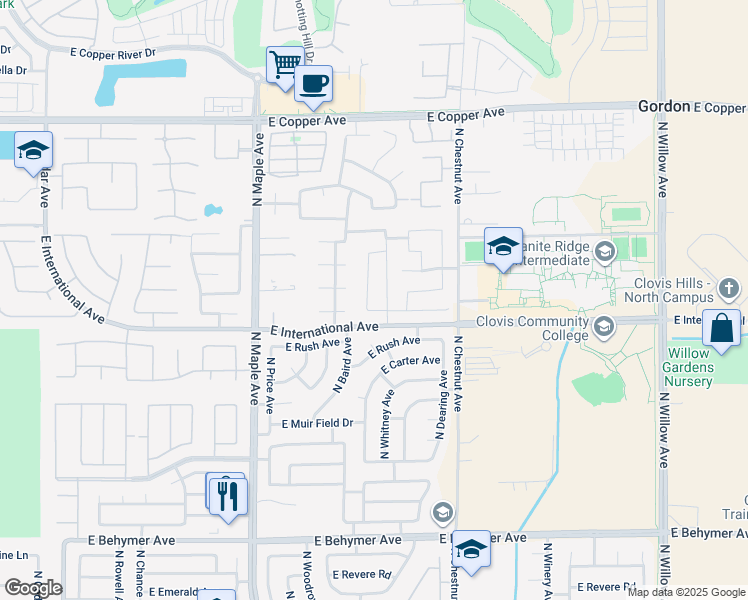 map of restaurants, bars, coffee shops, grocery stores, and more near 10547 North Whitney Avenue in Fresno