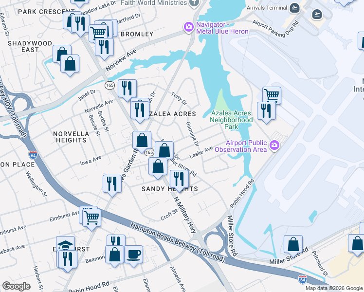 map of restaurants, bars, coffee shops, grocery stores, and more near 5749 Townley Avenue in Norfolk