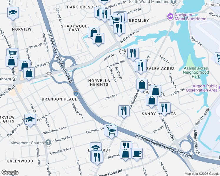 map of restaurants, bars, coffee shops, grocery stores, and more near 3476 Thurston Street in Norfolk