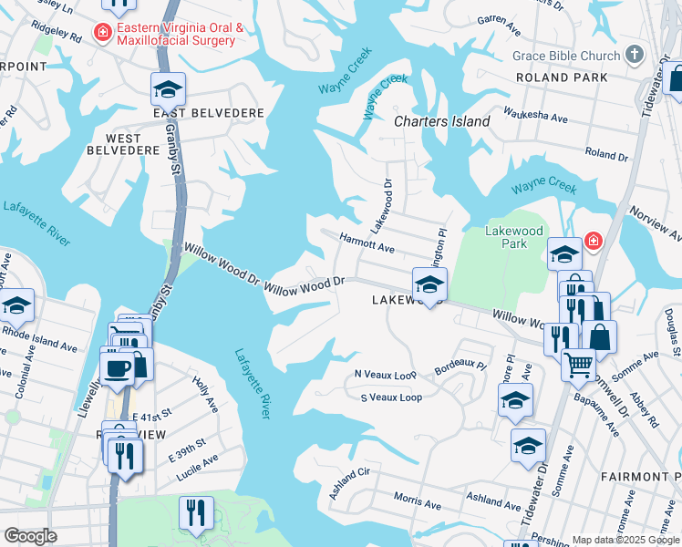map of restaurants, bars, coffee shops, grocery stores, and more near 5404 Coburn Crescent in Norfolk