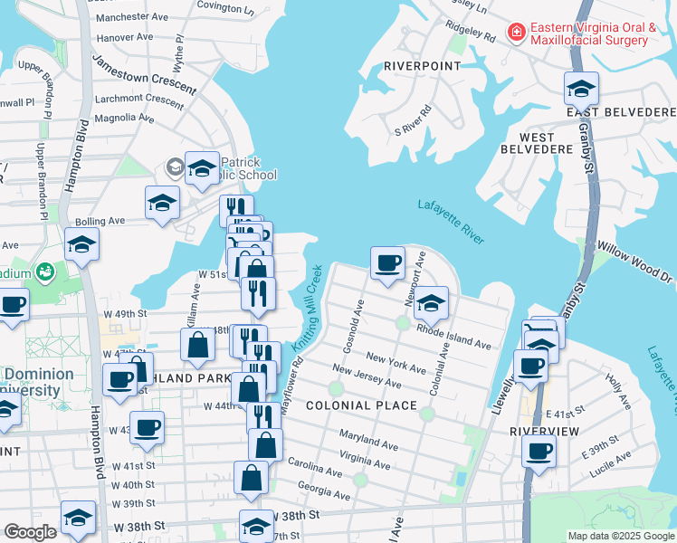 map of restaurants, bars, coffee shops, grocery stores, and more near 725 Mayflower Road in Norfolk