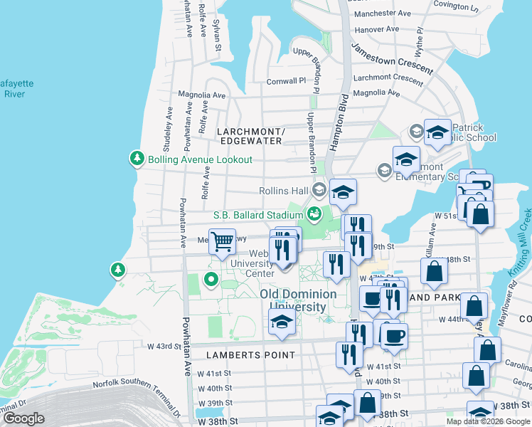 map of restaurants, bars, coffee shops, grocery stores, and more near 1331 Cedar Lane in Norfolk
