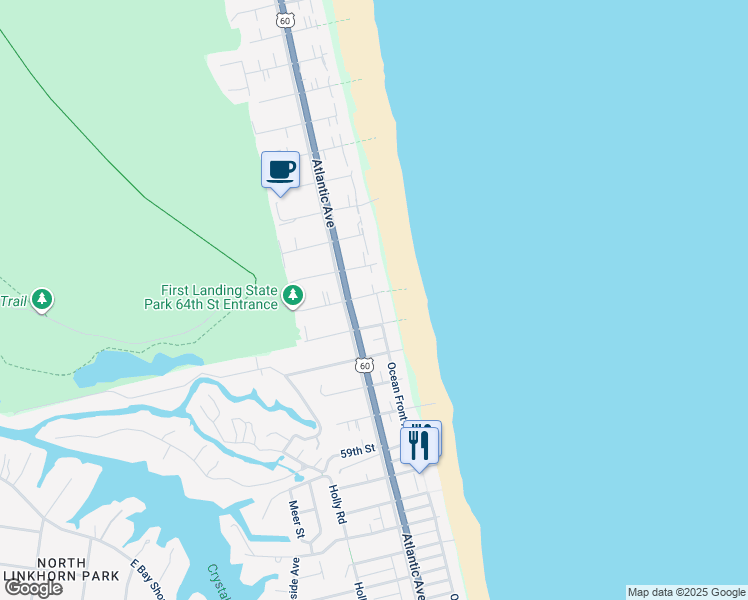 map of restaurants, bars, coffee shops, grocery stores, and more near 106 64th Street in Virginia Beach