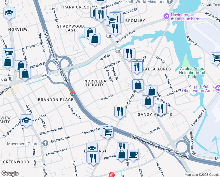 map of restaurants, bars, coffee shops, grocery stores, and more near 3476 Thurston Street in Norfolk