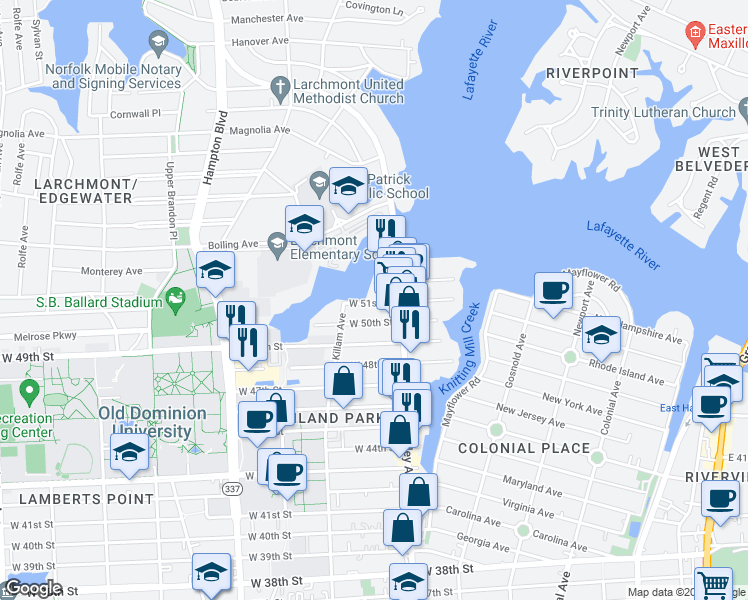 map of restaurants, bars, coffee shops, grocery stores, and more near 826 West 51st Street in Norfolk