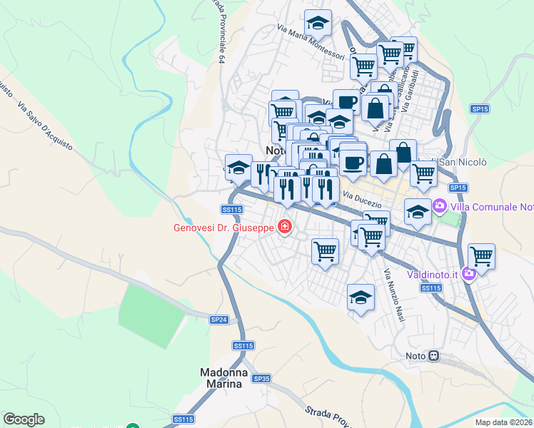 map of restaurants, bars, coffee shops, grocery stores, and more near 15A Via Arturo Toscanini in Noto