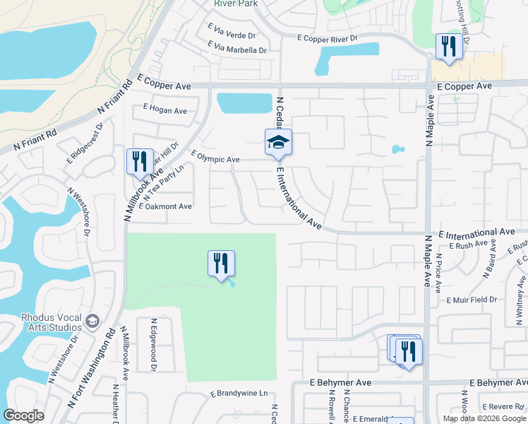 map of restaurants, bars, coffee shops, grocery stores, and more near 1375 East Glenlake Lane in Fresno